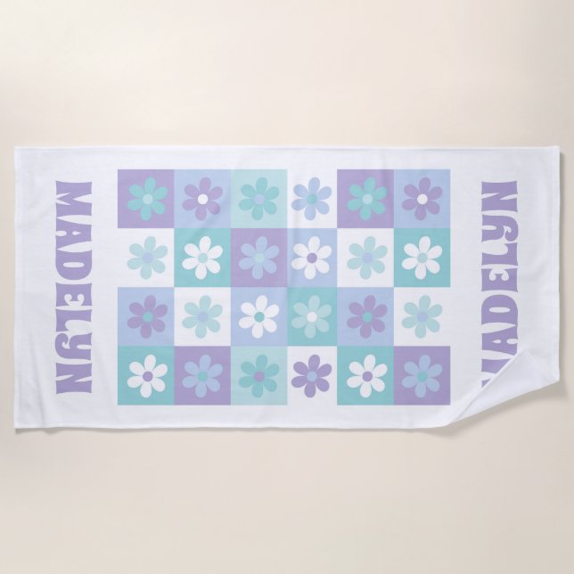 Purple Blue Groovy Daisy Chequerboard Beach Towel (Front)