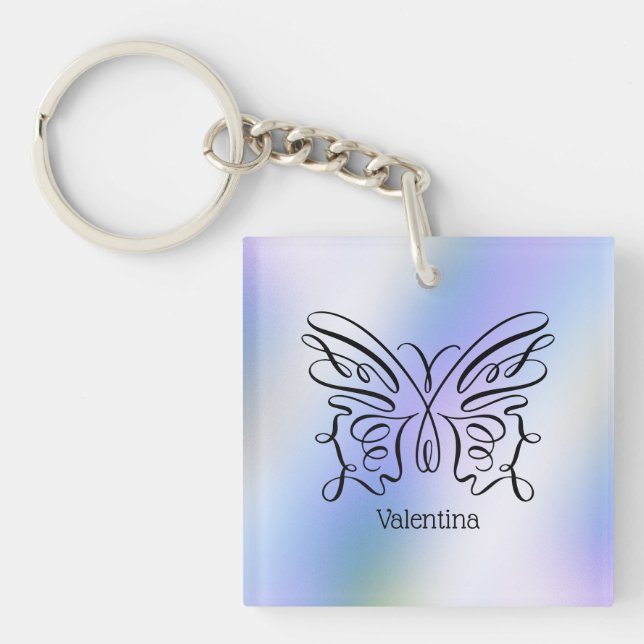 Purple Blue Holographic Butterfly Monogram Name Key Ring (Front)