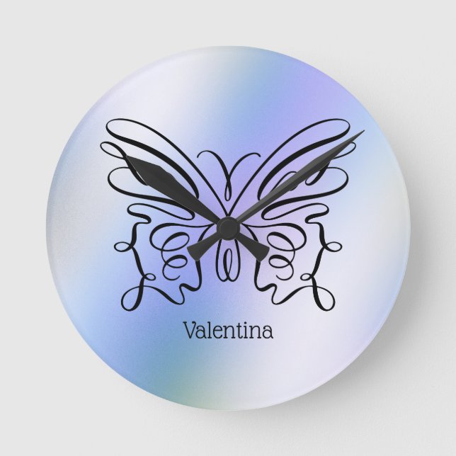 Purple Blue Holographic Butterfly Monogram Name  Round Clock (Front)