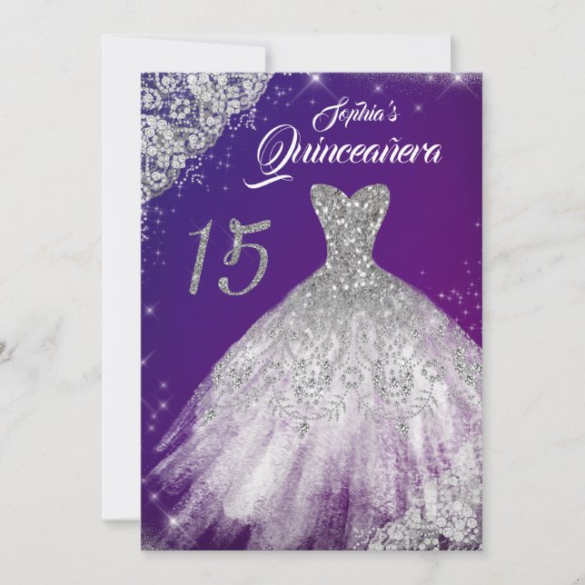 Purple Blue Lace Diamond Sparkle Gown Quinceanera Invitation (Front)