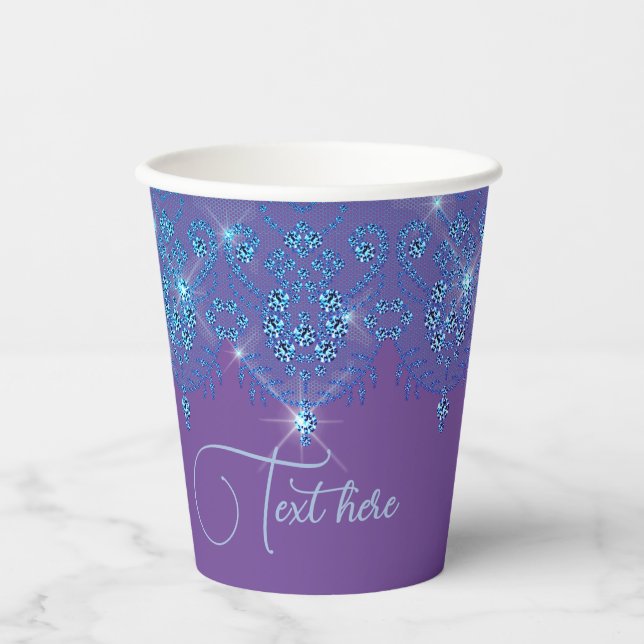 Purple blue lace elegant sparkle diamond look paper cups (Front)