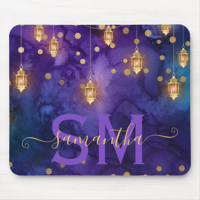 Purple & Blue Lantern Glow Monogram Mouse Pad (Front)