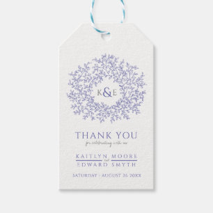 Purple blue leaf monogram wedding favour gift tags
