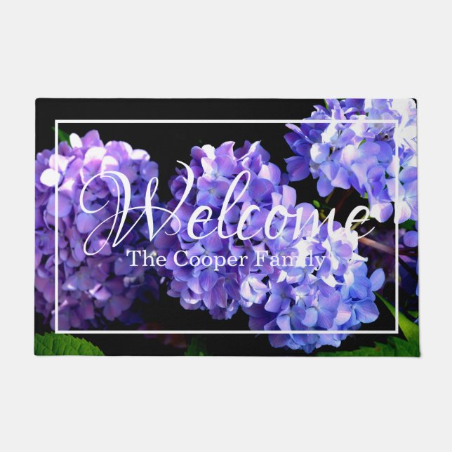 Purple blue magenta Hydrangeas welcome  Doormat (Front)