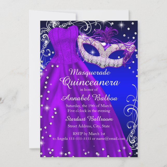 Purple Blue Mask & Dress Masquerade Quinceanera Invitation (Front)