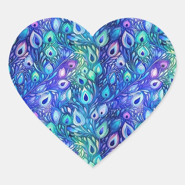 Purple Blue Mint Peacock Feathers Heart Sticker (Front)