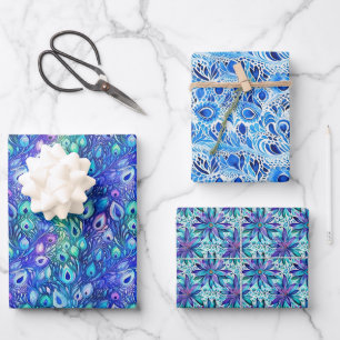 Purple Blue Mint Peacock Feathers Wrapping Paper Sheet