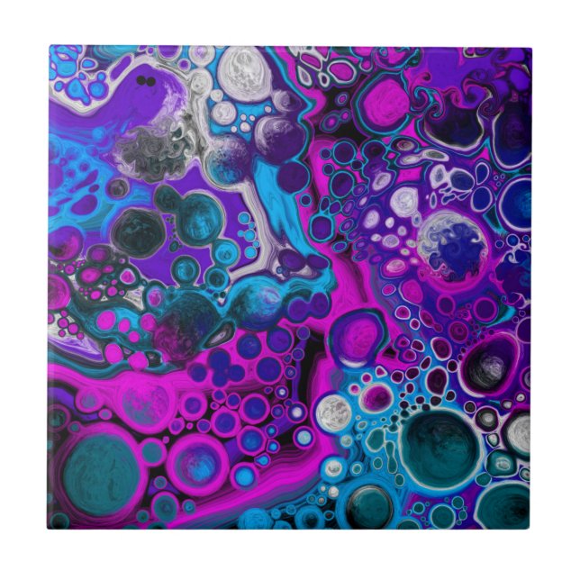 Purple, Blue Modern Abstract Fluid Art Marble Cell Ceramic Tile (Front)
