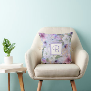 Purple blue monogram floral watercolor vintage cushion