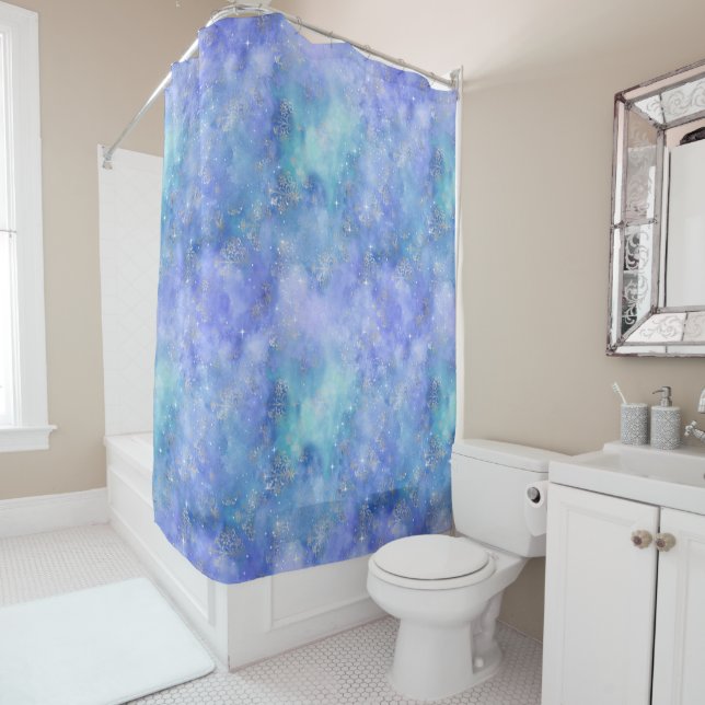 Purple Blue Night Sky Watercolor Teal Shower Curtain (In Situ)