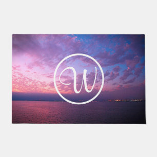 Purple blue ocean sunset photo custom monogram doormat
