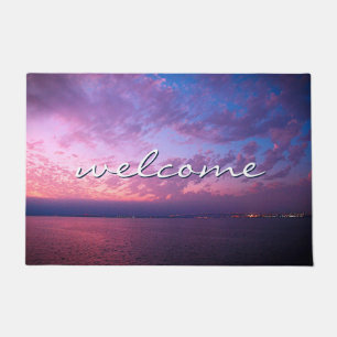 Purple Blue Ocean Sunset Photo Welcome Script Doormat