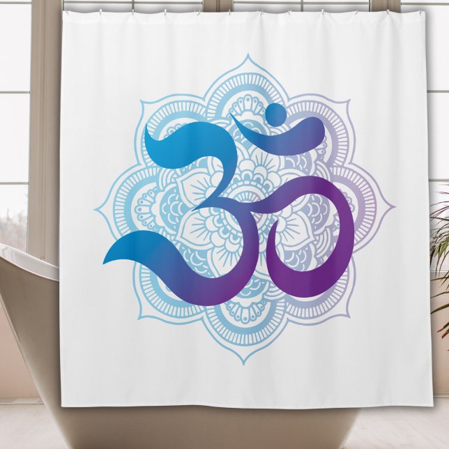Purple & Blue Om Symbol Mandala Flower White Shower Curtain (Tranquil Blue & Purple Om Mandala White Shower Curtain - Mindful Peaceful Decor)
