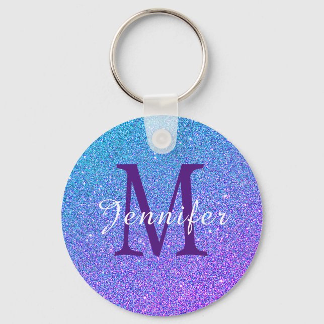 Purple Blue Ombre Glitter Sparkles Monogram Name Key Ring (Front)