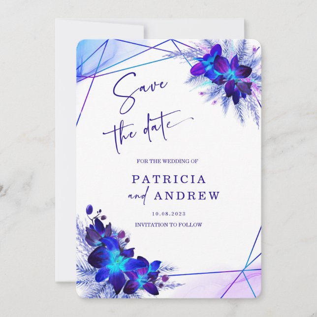 Purple Blue Orchid Wedding Save the Date Invitation (Front)