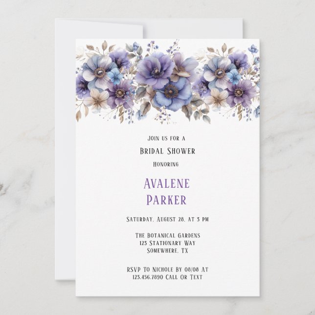 Purple Blue Painted Floral Bridal Shower Invitation (Front)