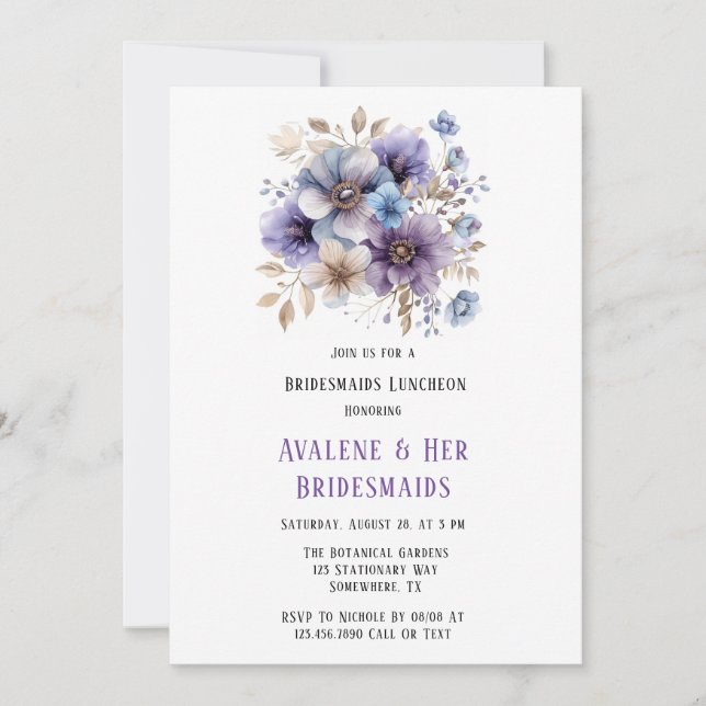 Purple Blue Painted Floral Bridesmaids Luncheon Invitation (Front)