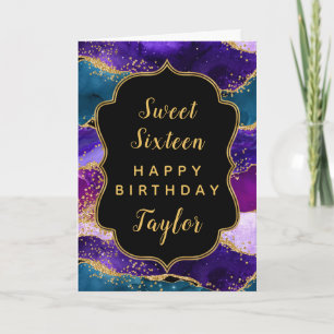 Purple Blue Peacock Agate Sweet 16 Happy Birthday Card