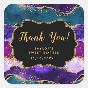 Purple Blue Peacock Agate Sweet Sixteen Thank You Square Sticker