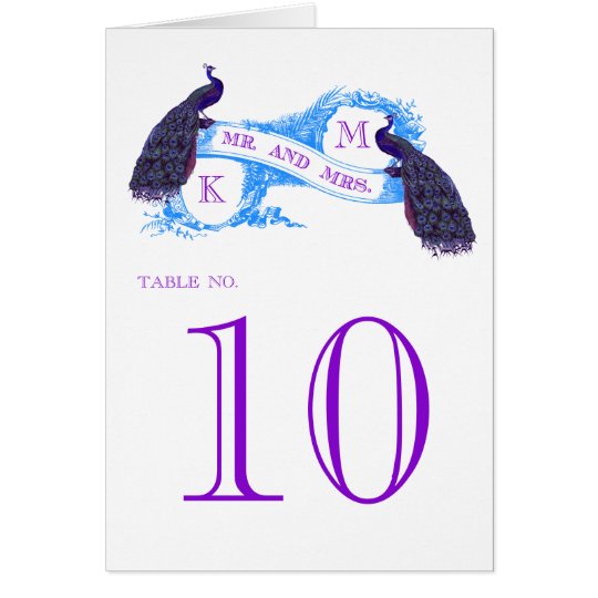 Purple, Blue Peacock Vintage Wedding Table Card