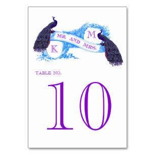 Purple, Blue Peacock Vintage Wedding Table Number