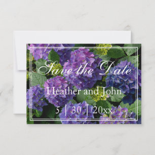 Purple blue periwinkle  hydrangeas  sav save the date