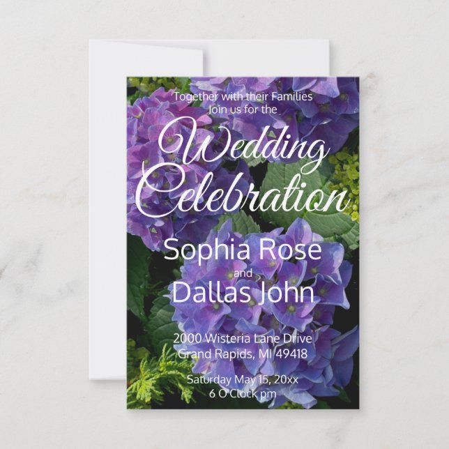 Purple blue periwinkle magenta hydrangeas Wedding Invitation (Front)