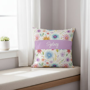 Purple Blue Pink Boho Wildflower Personalised  Cushion