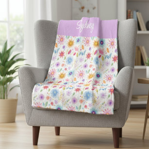 Purple Blue Pink Boho Wildflower Personalised Fleece Blanket