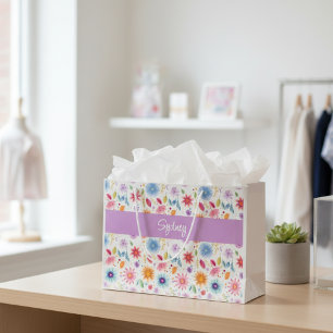 Purple Blue Pink Boho Wildflower Personalised Large Gift Bag