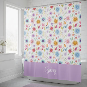 Purple Blue Pink Boho Wildflower Personalised  Shower Curtain