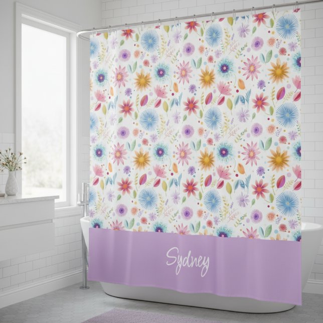 Purple Blue Pink Boho Wildflower Personalised  Shower Curtain (Creator Uploaded)