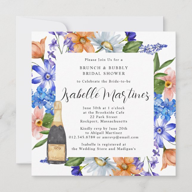 Purple Blue Pink Floral Brunch & Bubbly Shower Invitation (Front)