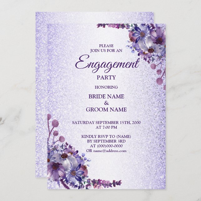 Purple Blue Pink Floral Glitter Engagement Party Invitation (Front/Back)