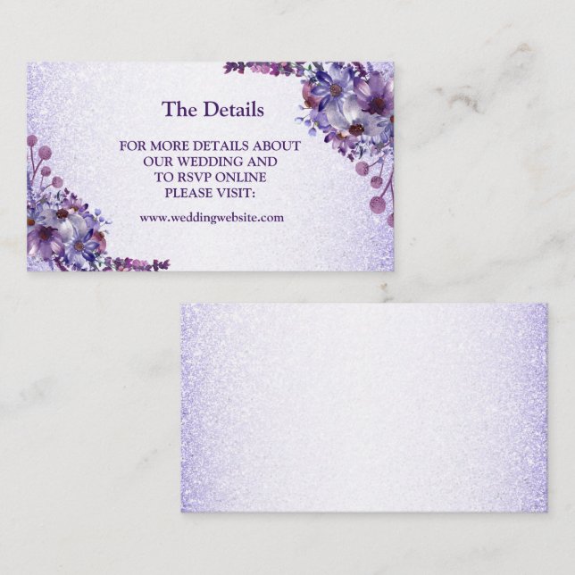 Purple Blue Pink Floral Glitter Wedding Detail Enclosure Card (Front/Back)