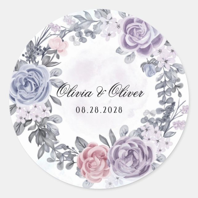 Purple Blue Pink Floral Wreath Wedding Classic Round Sticker (Front)