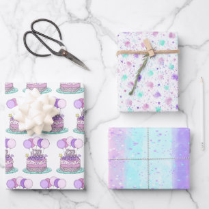 Purple, Blue, Pink Happy Birthday Wrapping Paper Sheet