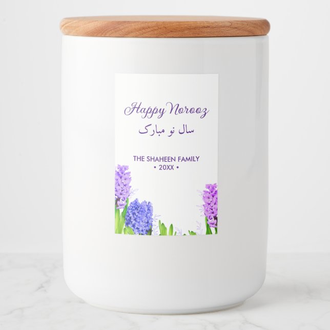 Purple Blue Pink Happy Norooz Hyacinth Flowers Food Label (Front)