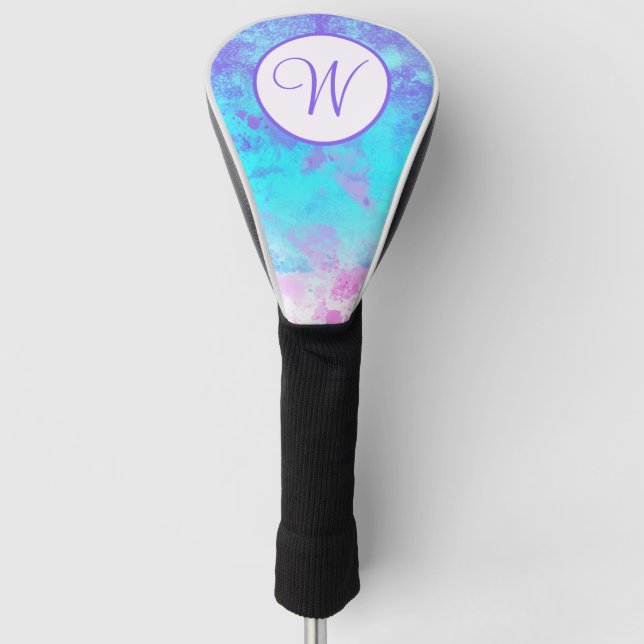 Purple Blue Pink Paint Splash Monogram Golf Head Cover (Front)