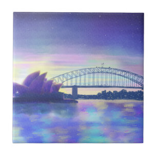 Purple Blue Pink Sydney Harbour Sunset Painting Tile
