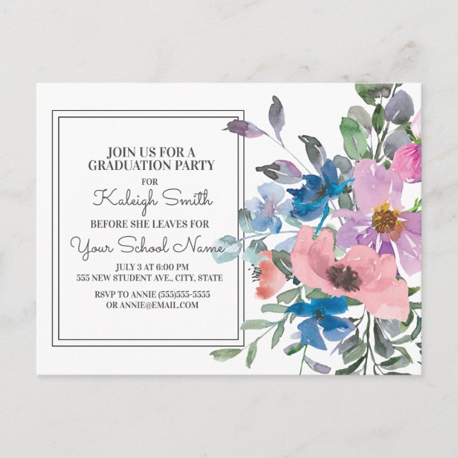 Purple Blue Pink Watercolor Floral Graduation Postcard (Front)