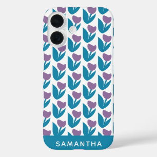 Purple Blue Playful Abstract Flowers Personalised iPhone 16 Case