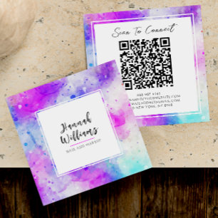 Purple & Blue Qr Code Colourful Watercolor Pattern Square Business Card