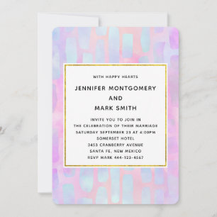 Purple & Blue Rectangle Shapes on Pink Wedding Invitation