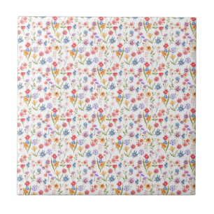 Purple Blue Red Watercolor Wildflower Ceramic Tile