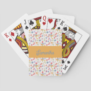 Purple Blue Red Watercolor Wildflower Custom Name Playing Cards