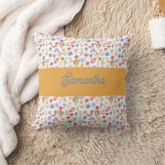 Purple Blue Red Watercolor Wildflower Monogram Cushion