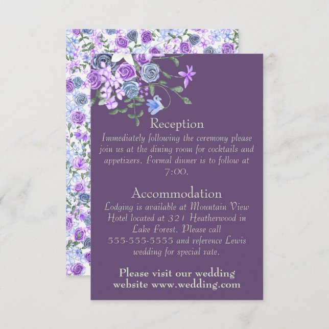 Purple & Blue Rose Bouquet Wedding Details Enclosure Card (Front/Back)