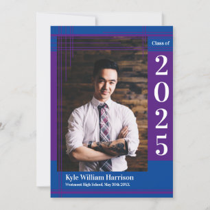 Purple Blue School Colour Graduation Photo Plaid Invitation