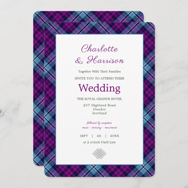 Purple Blue Scottish Tartan Plaid Wedding Invitation (Front/Back)